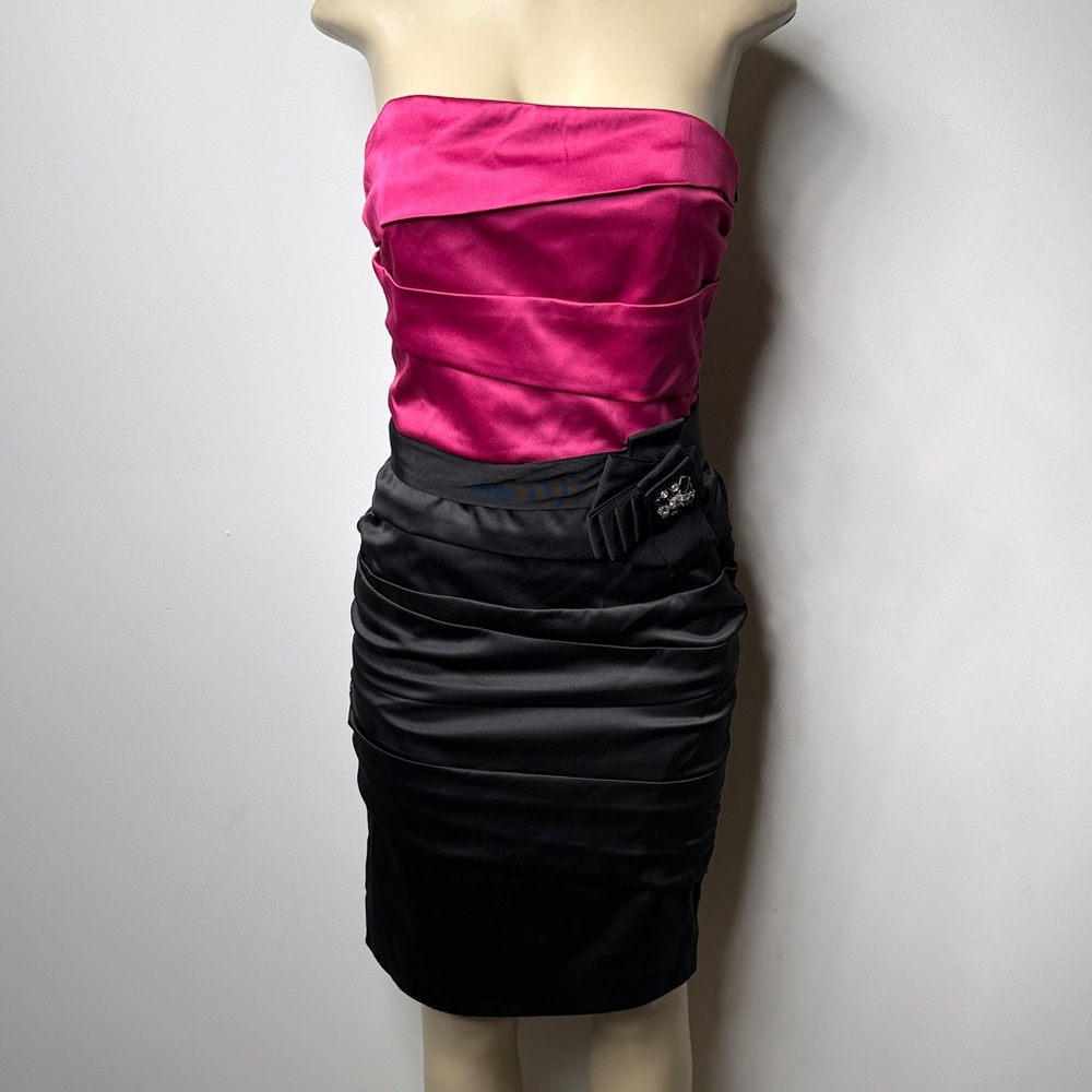 White House Black Market Strapless Satin Fuchsia and Black Cocktail Dress